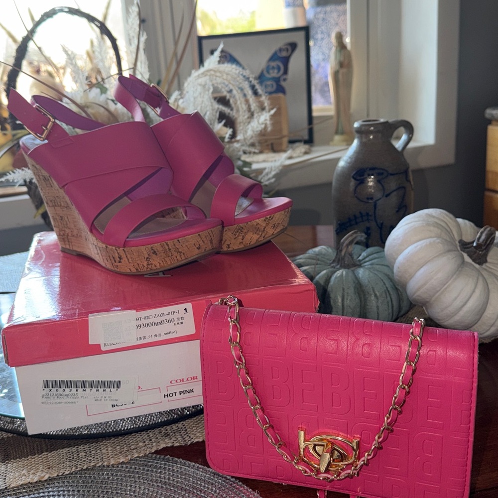 Bebe Hot Pink Fashion shoulder clutch and Hot Pink Wedges
